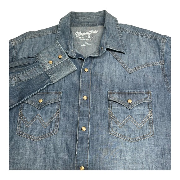 Wrangler Retro Premium Denim Pearl Snap Chambray Western Mens Large Cowboy - Picture 1 of 9